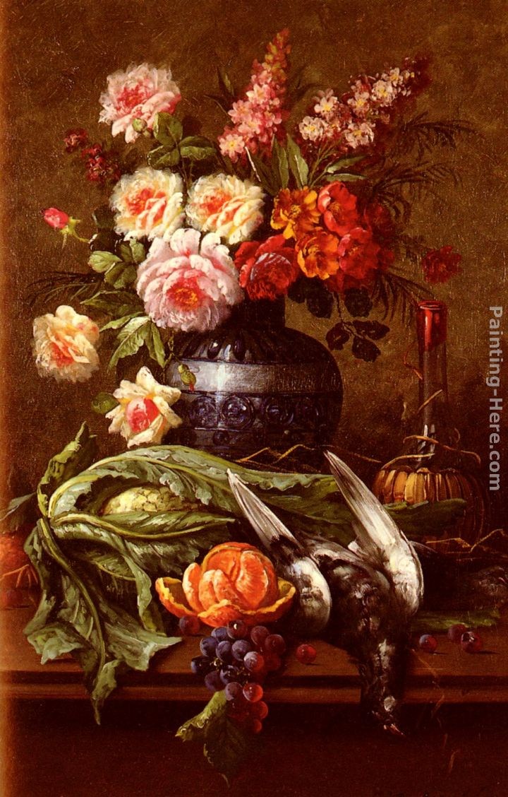Modeste Carlier Nature Morte Aux Fleurs Et A L'Orange
